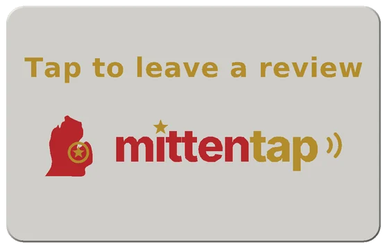 Card back: gold 'Tap to leave a review' text and the red and gold Mitten Tap logo