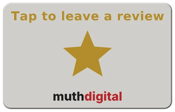 Card front: gold 'Tap to leave a review' text, a gold star, and the muthdigital wordmark in black and red