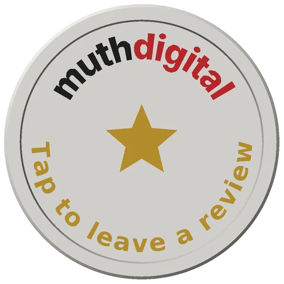 Coaster front: muthdigital wordmark across the top, a gold star in the middle, and 'Tap to leave a review' curved along the bottom
