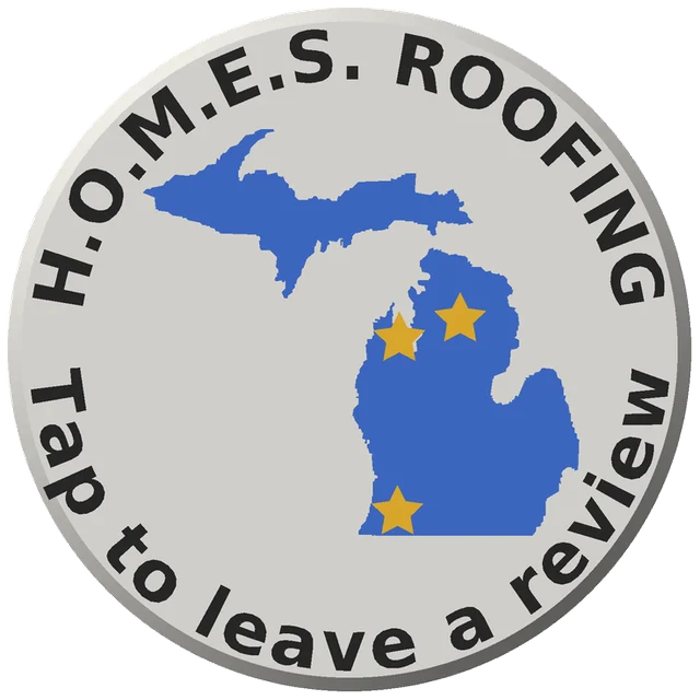 Custom puck for H.O.M.E.S. Roofing: a blue map of Michigan with gold stars on their service areas, the company name curved across the top and 'Tap to leave a review' along the bottom