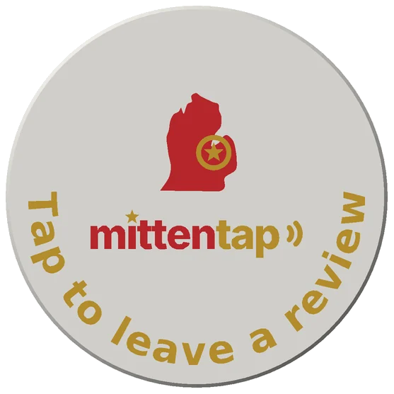 Puck back: the Mitten Tap Michigan logo and 'Tap to leave a review'