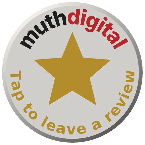 Puck front: large muthdigital wordmark, big gold star, and 'Tap to leave a review' curved along the edge